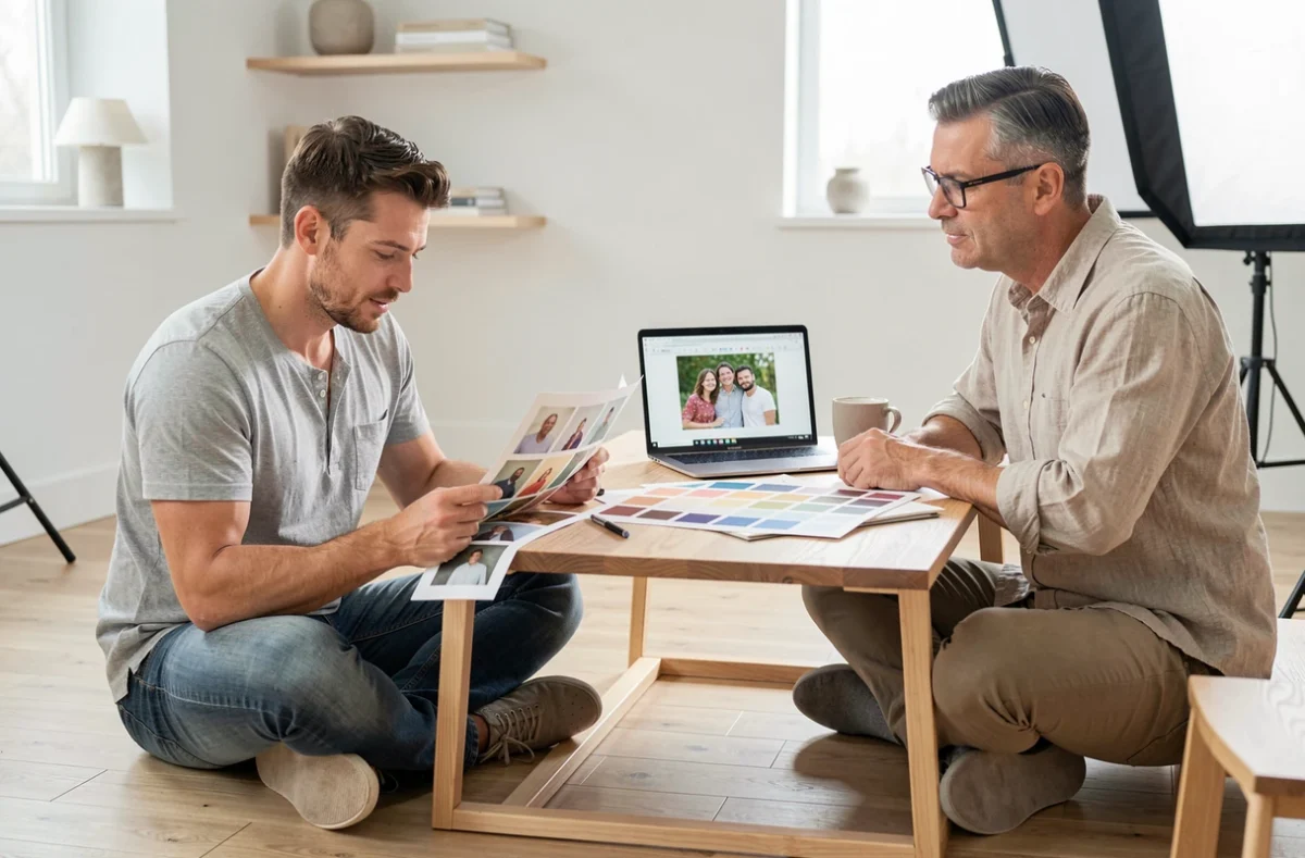 Un père et un photographe professionnel consultant des photos de famille dans un studio photo moderne lors d'une réunion de préparation