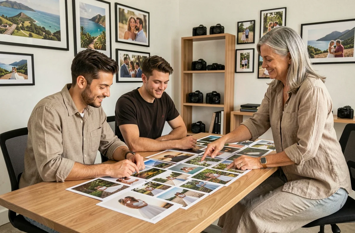 Couple consultant une photographe de mariage dans un studio professionnel à Saint-Pierre, La Réunion, en examinant des tirages photo