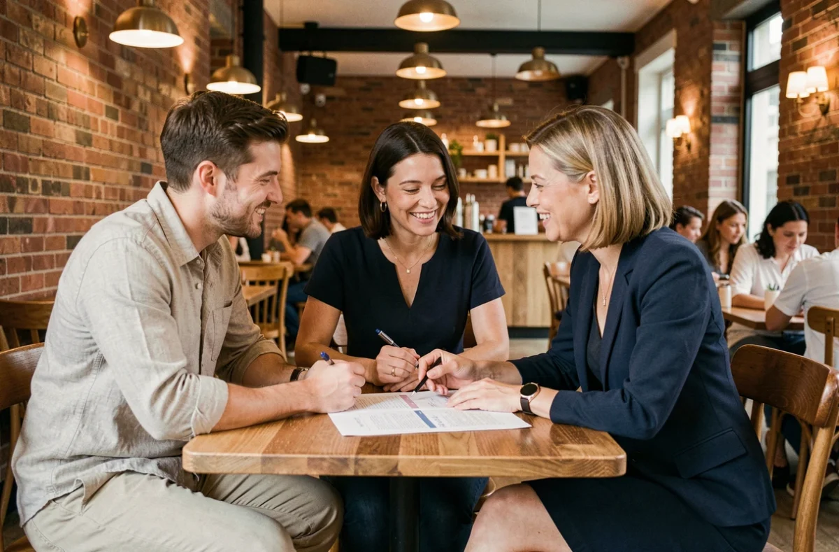 Couple discutant avec une wedding planner professionnelle autour d'un planning de mariage dans un café