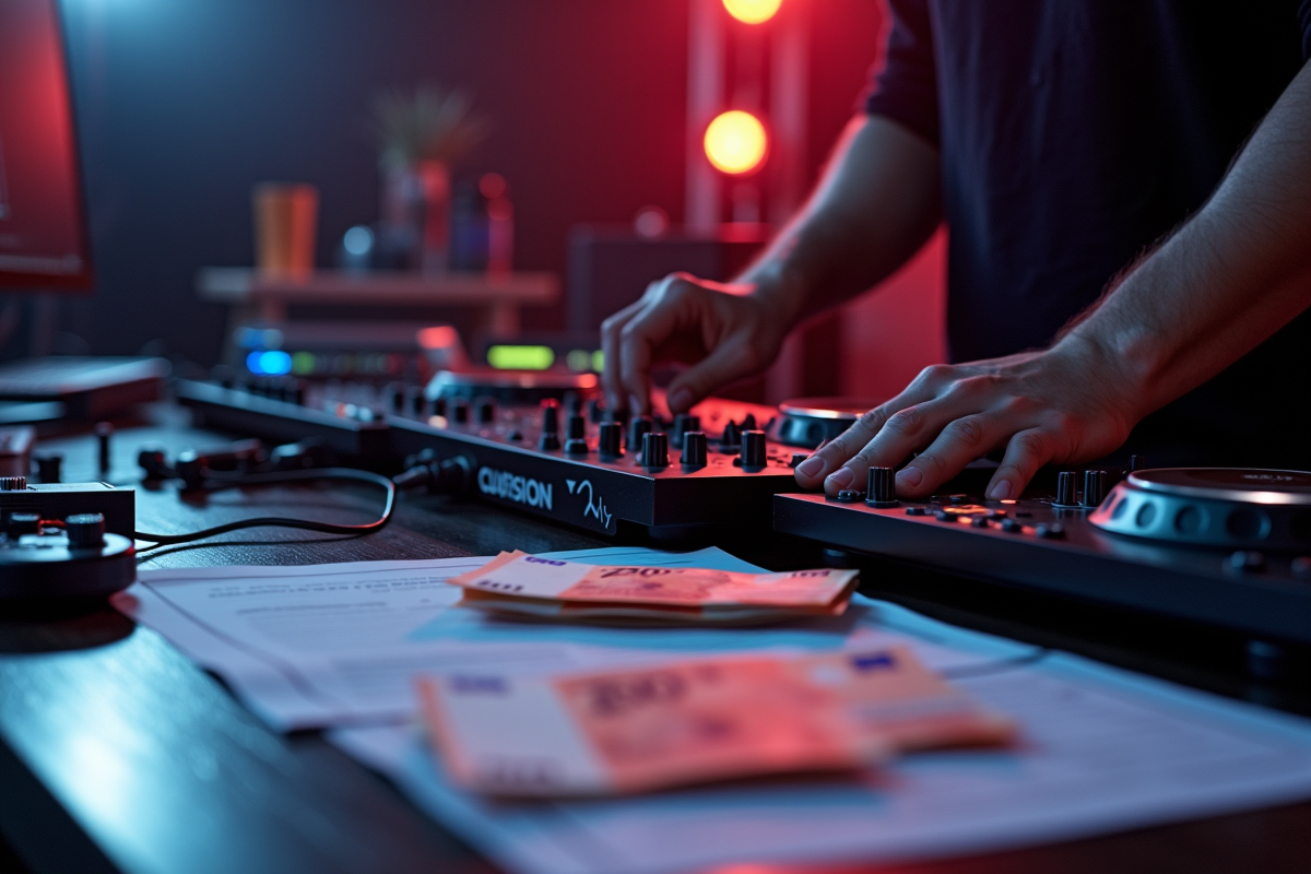 Main de DJ ajustant le mixer avec argent et contrat à côté