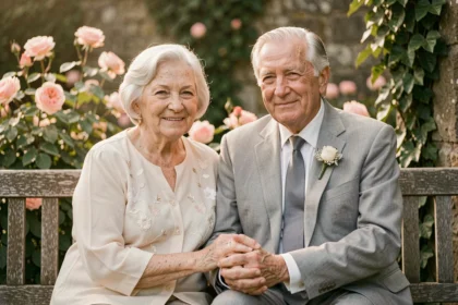 Couple de personnes âgées célébrant 70 ans de mariage assis dans un jardin en tenant leurs mains, noce de platine