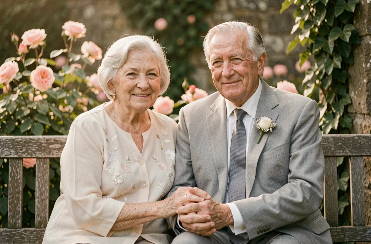 Couple de personnes âgées célébrant 70 ans de mariage assis dans un jardin en tenant leurs mains, noce de platine
