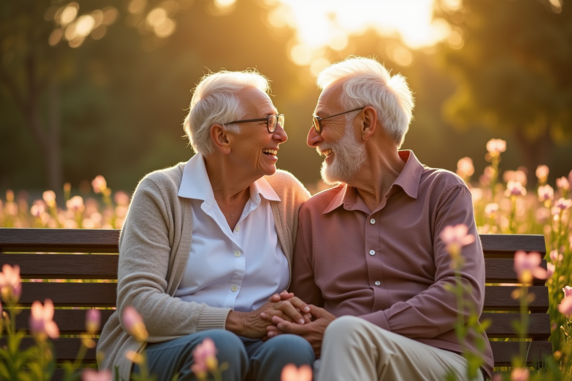 Vieux couple souriant main dans la main dans un parc en fleurs