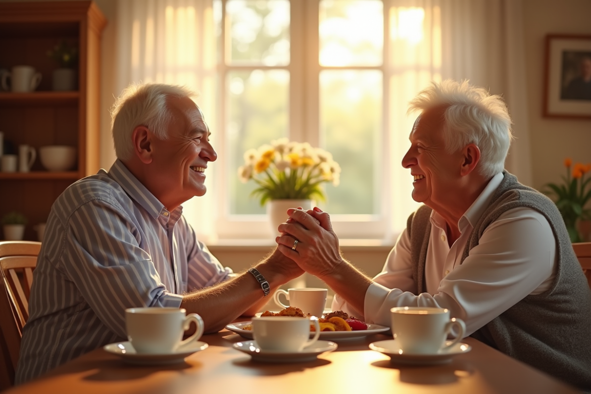 Couple d'anciens mariés souriant lors d'un petit déjeuner en famille