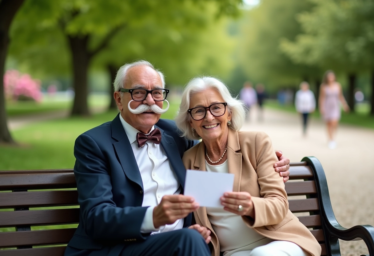 Couple d age échangeant cartes anniversaire dans parc