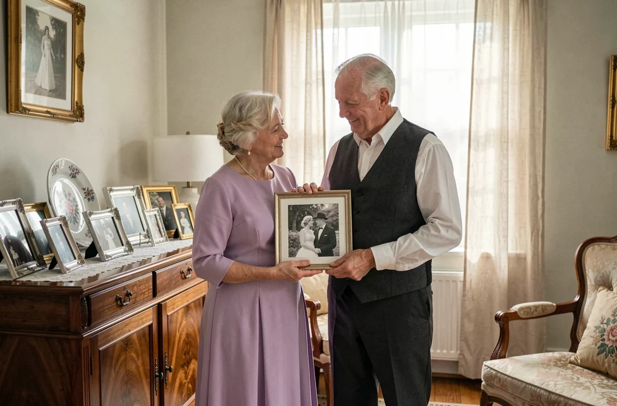 Couple de personnes âgées tenant une photo de mariage en noir et blanc dans leur salon vintage pour leurs 70 ans de mariage