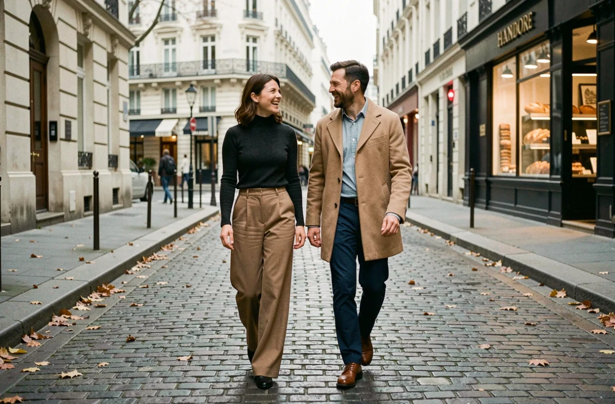 Couple se promenant dans une rue parisienne, représentant l'équilibre entre vie de couple et carrière artistique