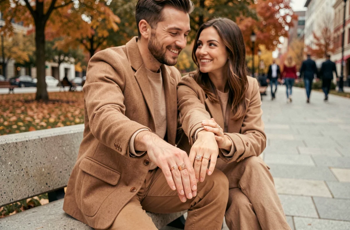 Couple montrant leurs bagues duo fiançailles en or rose assorti dans un parc urbain en automne