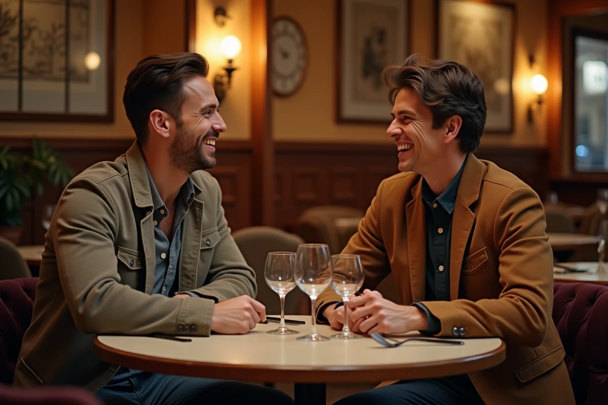 Couple souriant dans un bistro parisien, ambiance romantique et décontractée, style actualité people mariage
