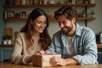 Couple souriant partageant un cadeau dans une maison chaleureuse