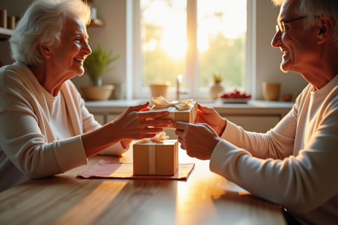 Couple mature échangeant des cadeaux dans la cuisine