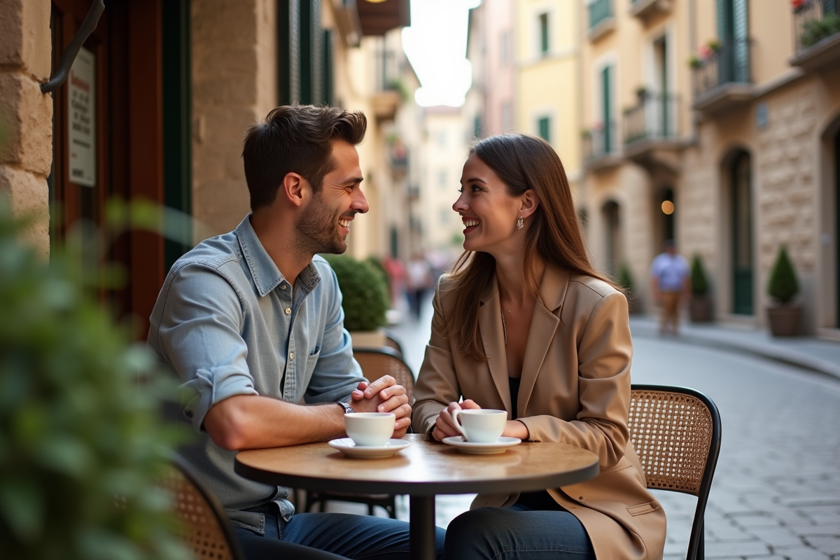 Jeune couple en voyage au café européen romantique