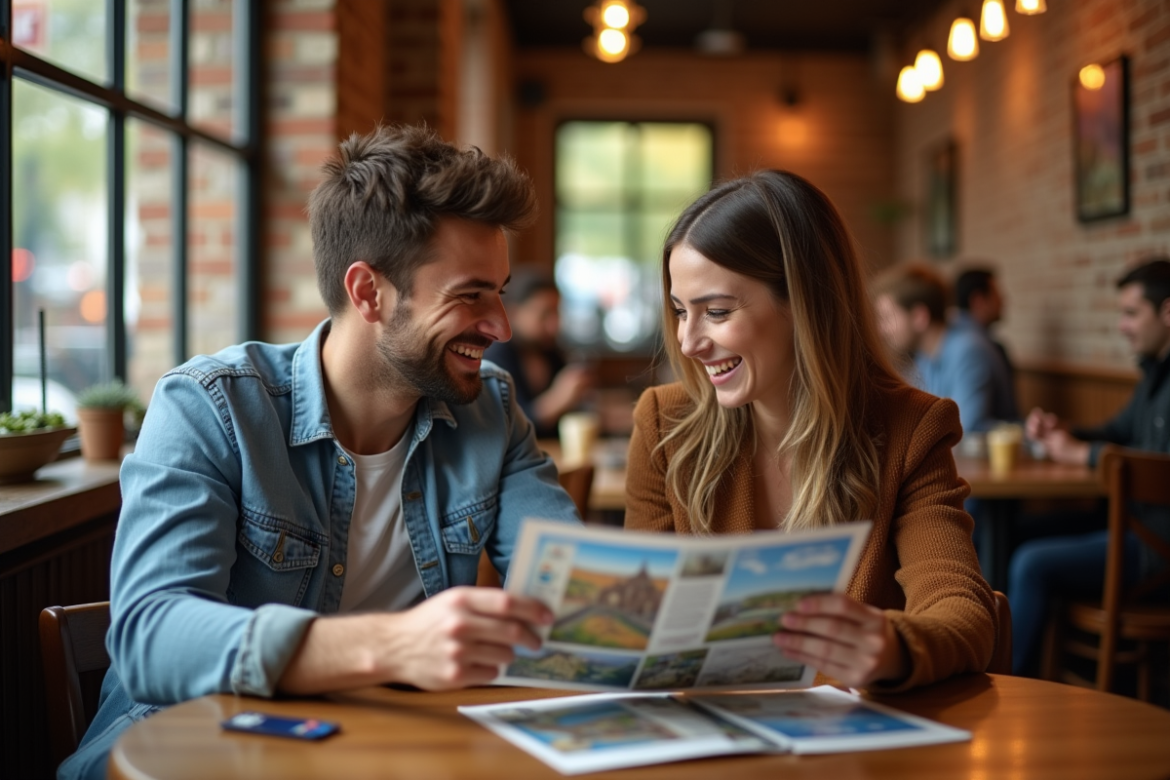 Jeune couple souriant au café avec brochures de voyage