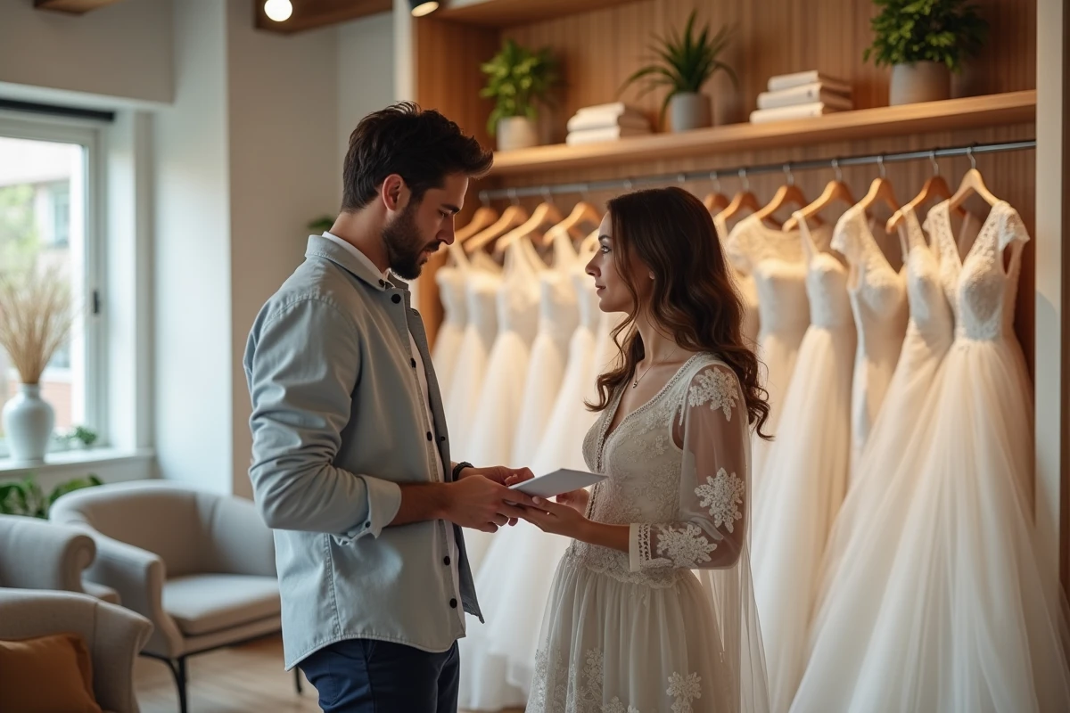 Couple examinant un contrat de mariage dans une boutique chaleureuse
