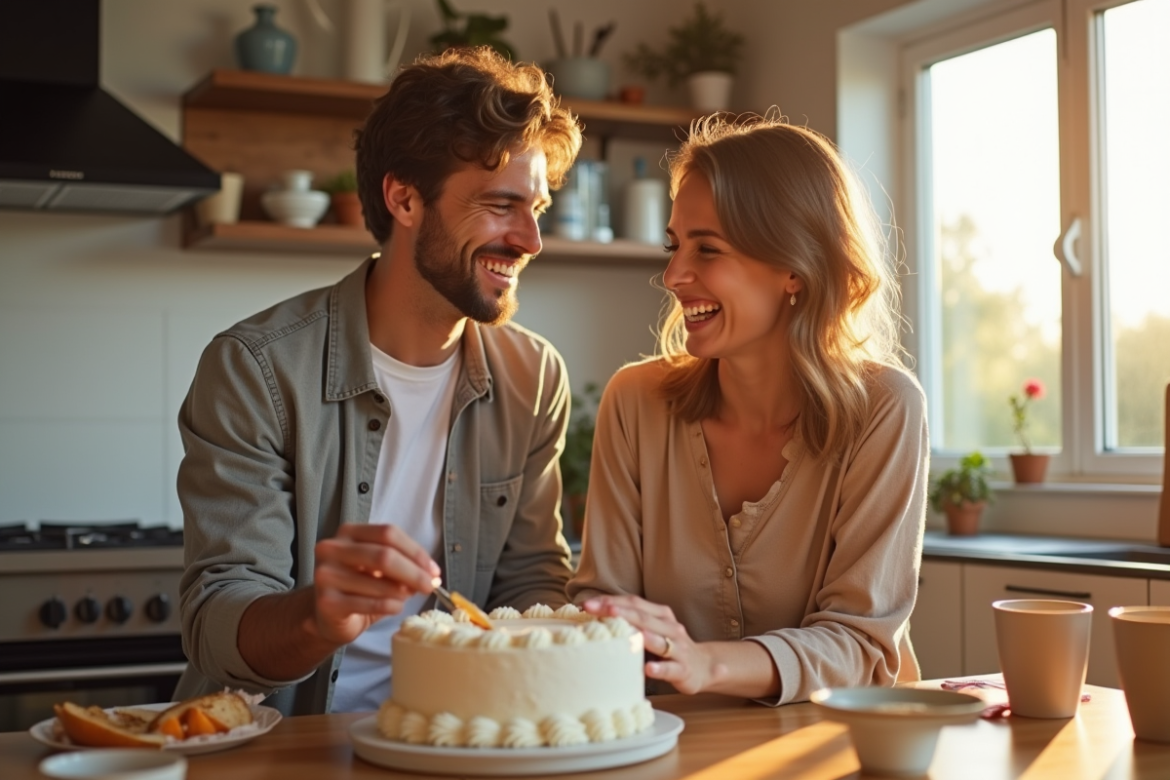 Jeune couple riant en décorant un gâteau d anniversaire lumineux