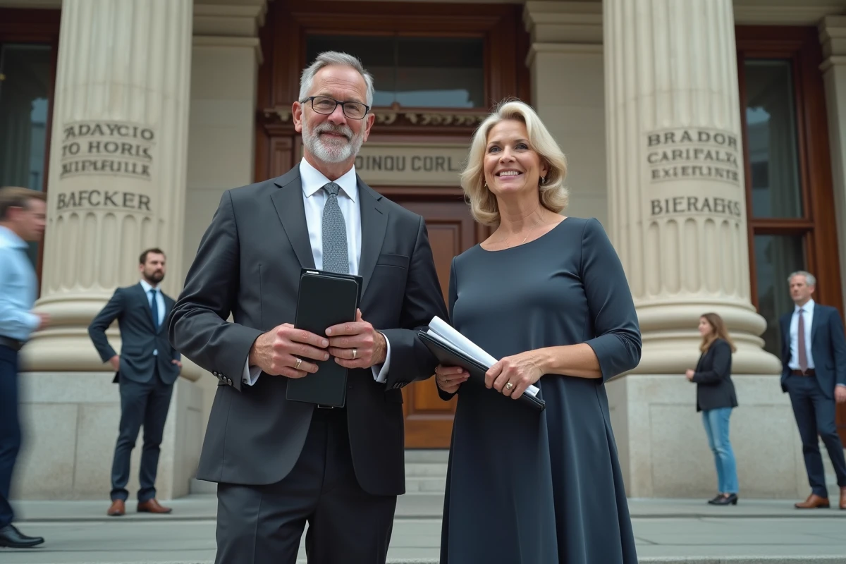 Couple adulte devant un tribunal en tenue formelle