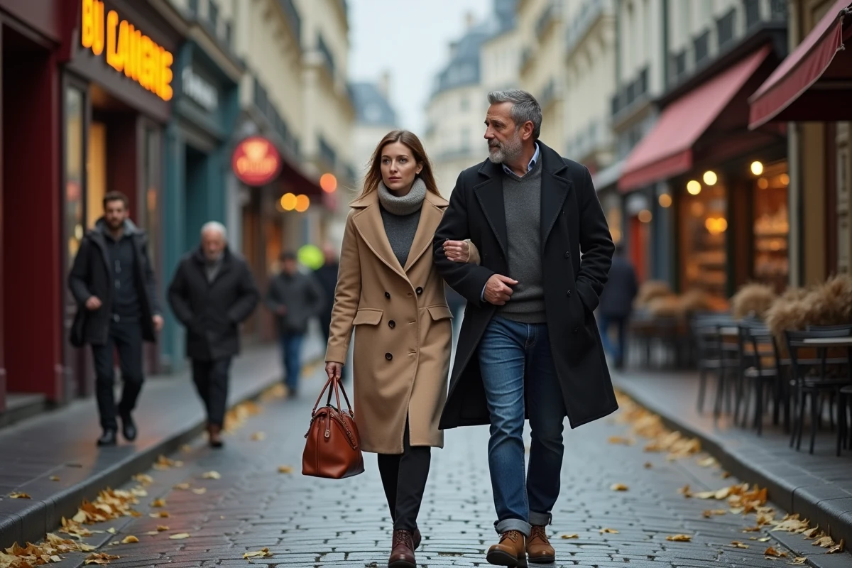 Couple discret marchant sur un trottoir parisien pavé, vie privée sous pression médiatique
