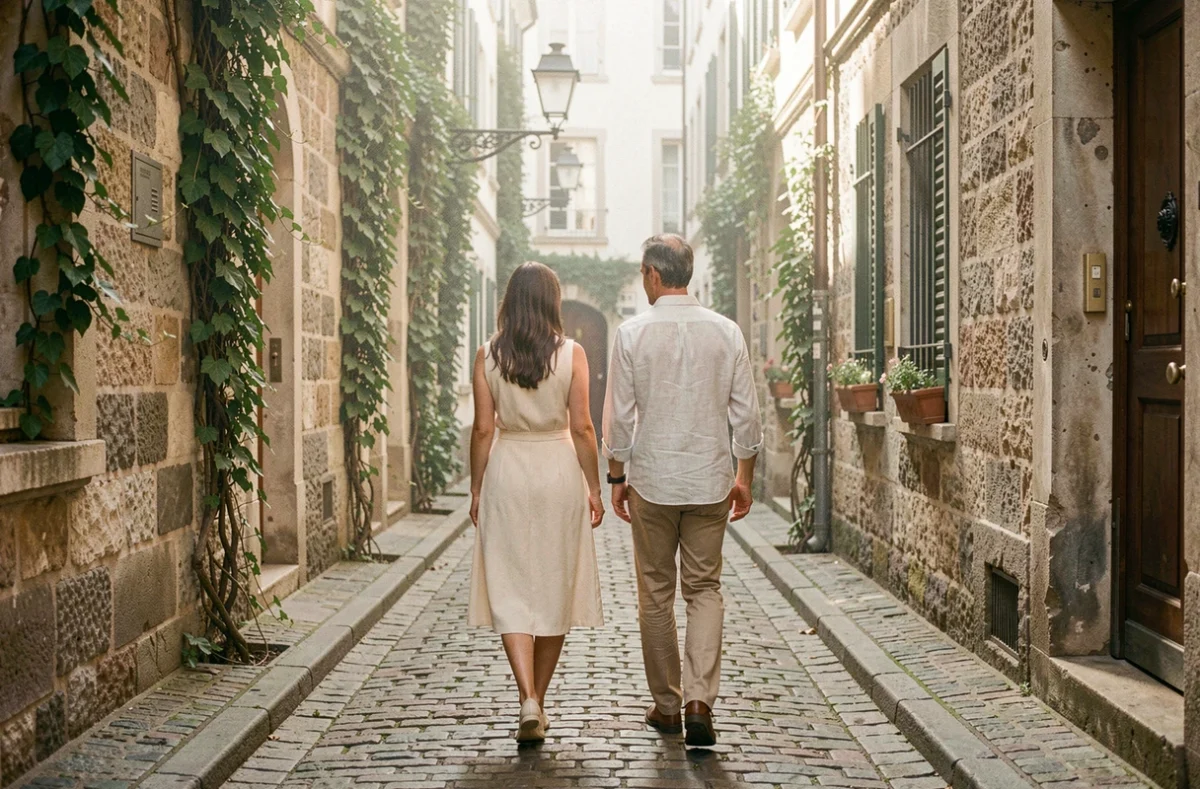 Couple se promenant dans une ruelle pavée européenne symbolisant la discrétion et l'intimité des personnalités publiques