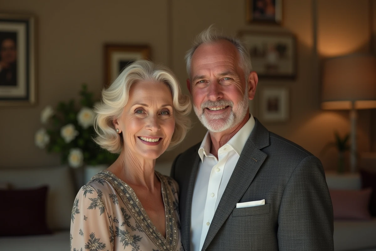 Couple de personnes âgées dans un salon chaleureux