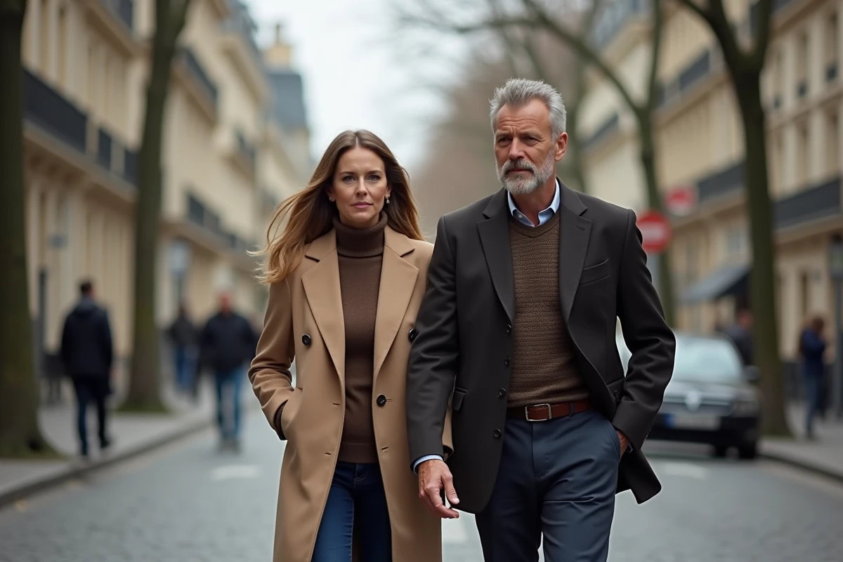 Couple élégant marchant dans une rue pavée parisienne, photo illustrant un article sur le mariage ou la vie de couple d'un homme politique français