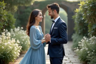 Jeune couple souriant dans un jardin fleuri en mariage