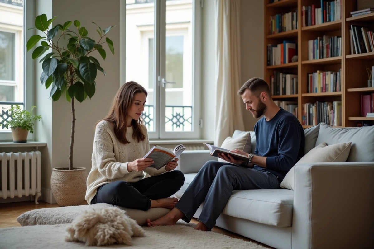 Scène de vie intime d'un couple dans un appartement parisien lumineux et chaleureux