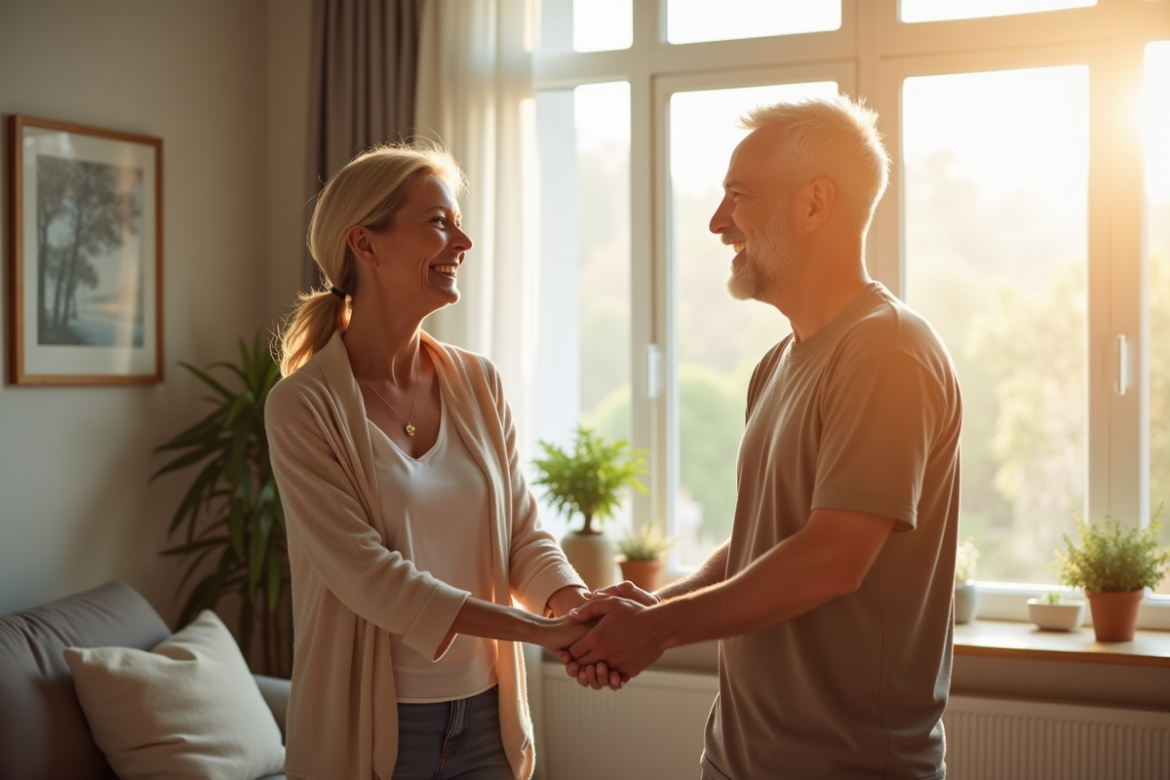 Couple d'âge moyen souriant dans un salon lumineux
