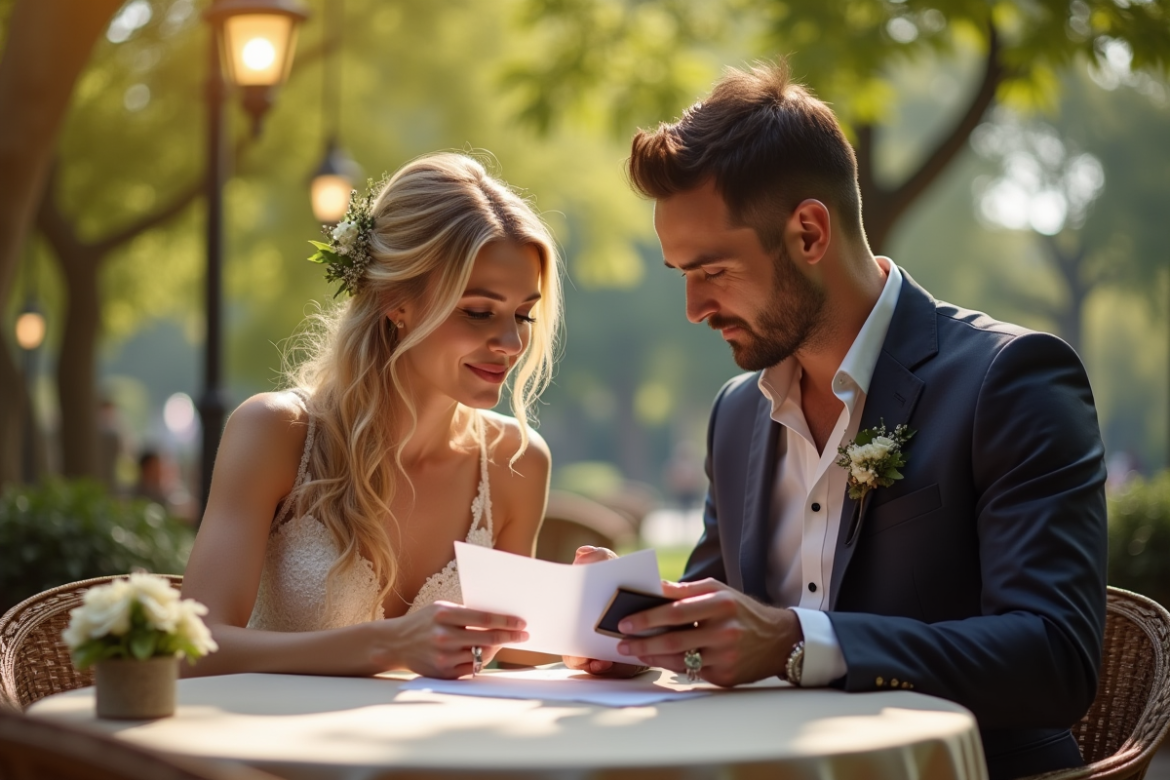 Jeune couple marié au café terrasse regardant l'addition
