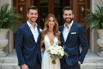 Couple en mariage élégant avec célébrité devant hall réception