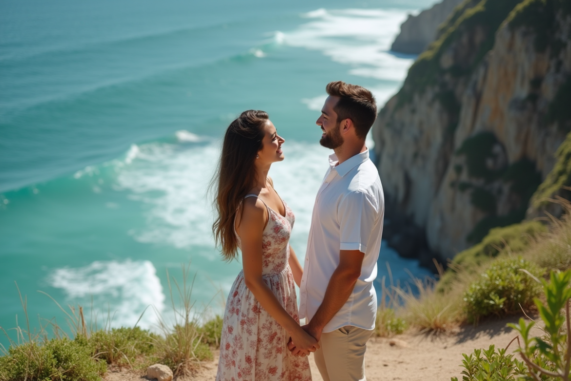 Jeune couple marié sur une falaise face à la mer turquoise