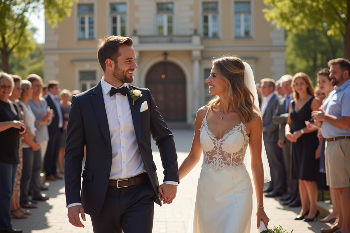 Couple heureux devant la mairie en France pour un mariage