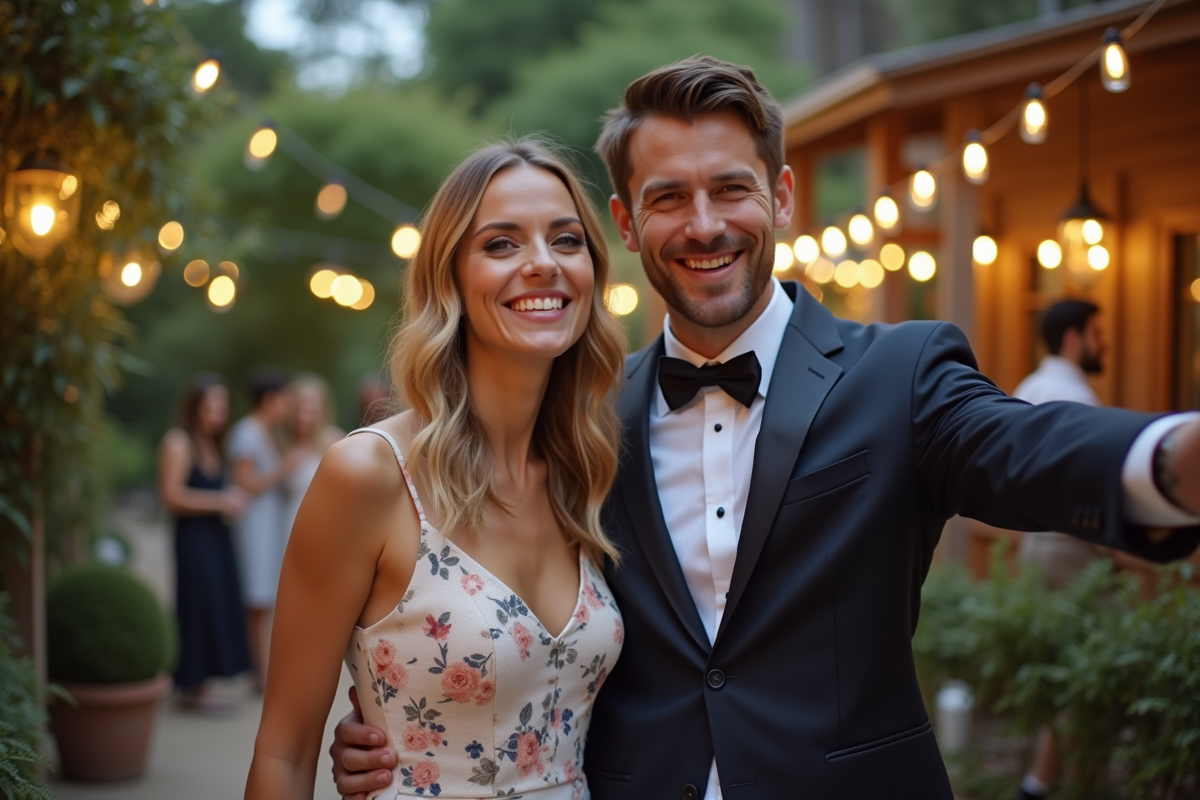 Couple de mariés posant avec un photobooth 360 dans un jardin lors d