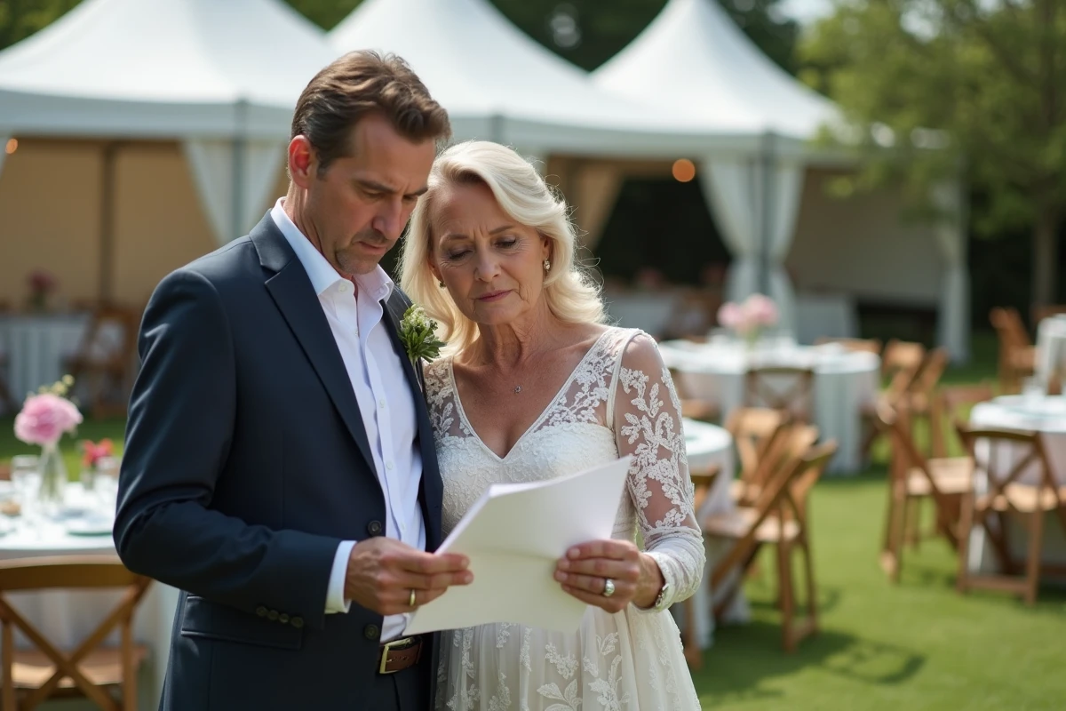 Couple de mariés regardant la facture lors de la reception