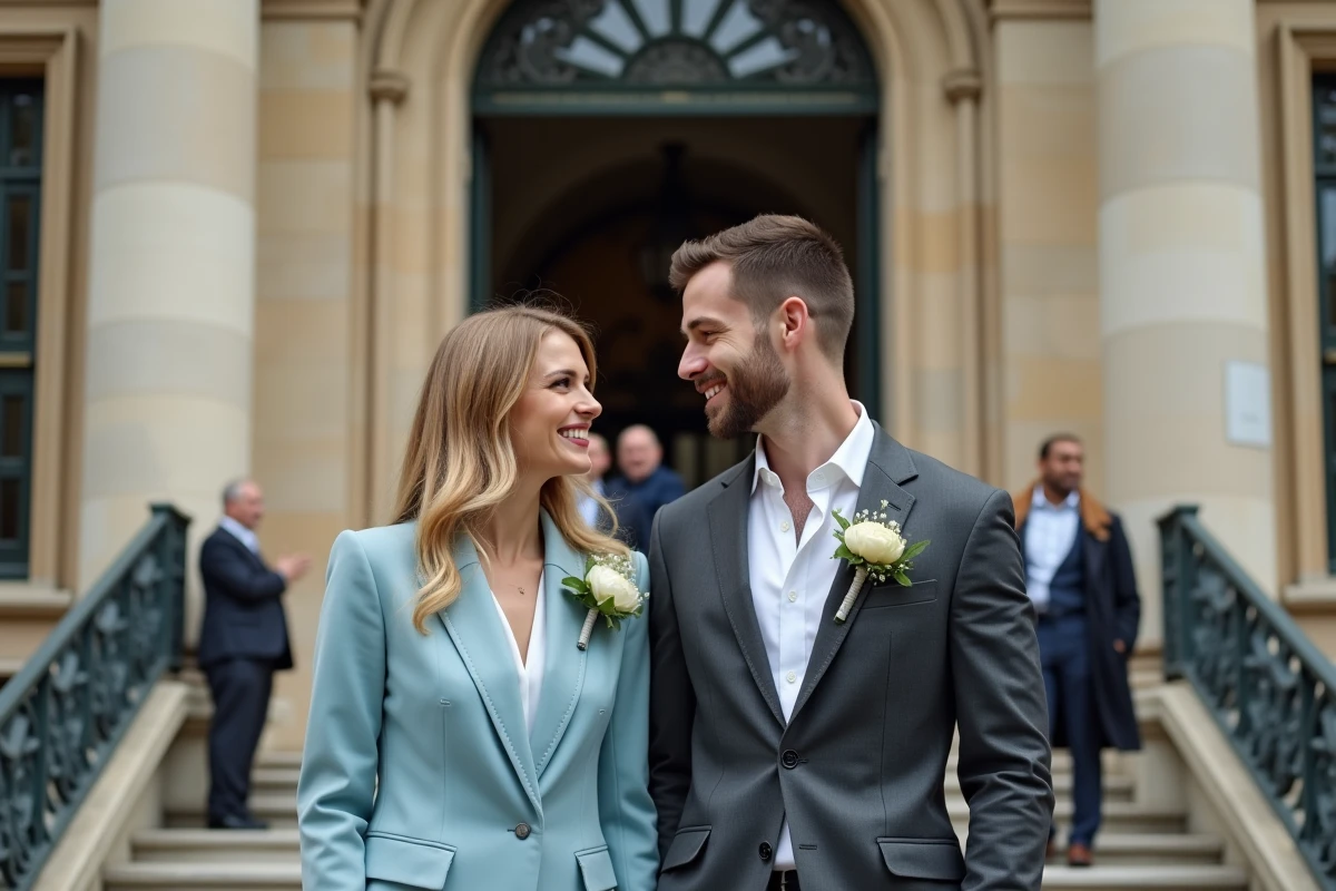 Couple de mariés devant une mairie française avec accessoires floraux assortis : corsage et boutonnière en renoncules