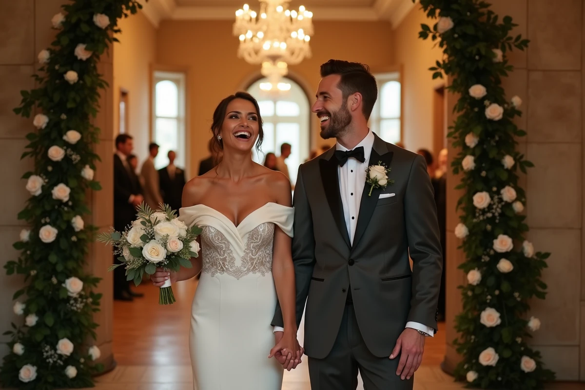 Couple de mariés réagissant avec joie au changement de musique dans le passage entre le foyer et la salle de réception
