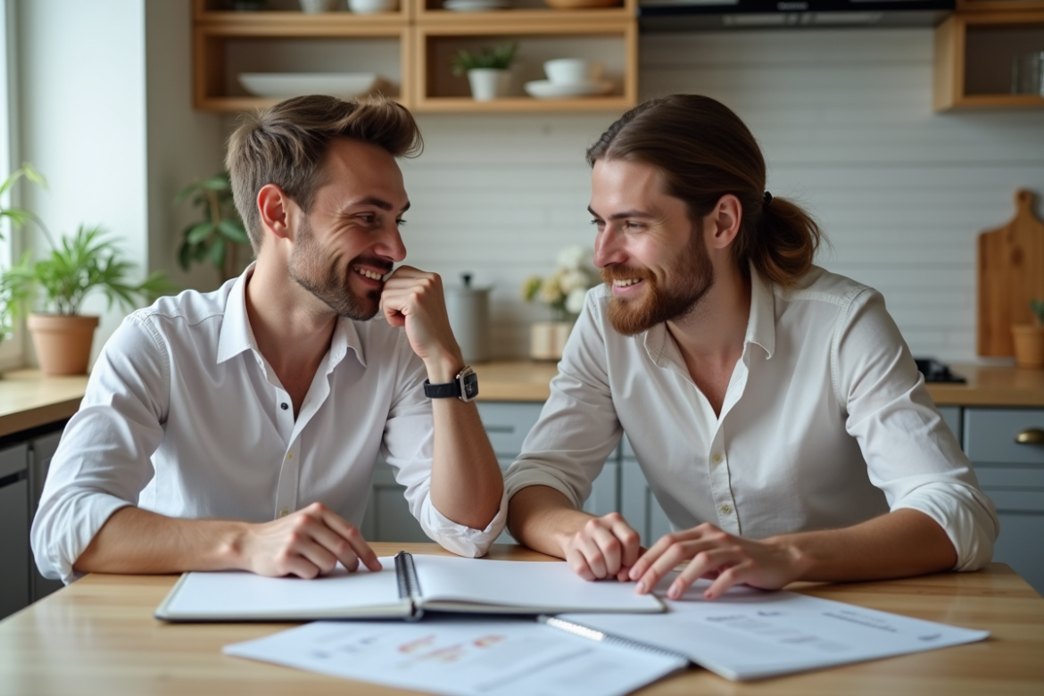 Couple en plan rapproché planifiant leur mariage à la maison