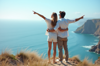 Jeune couple regardant l'horizon sur une falaise en été