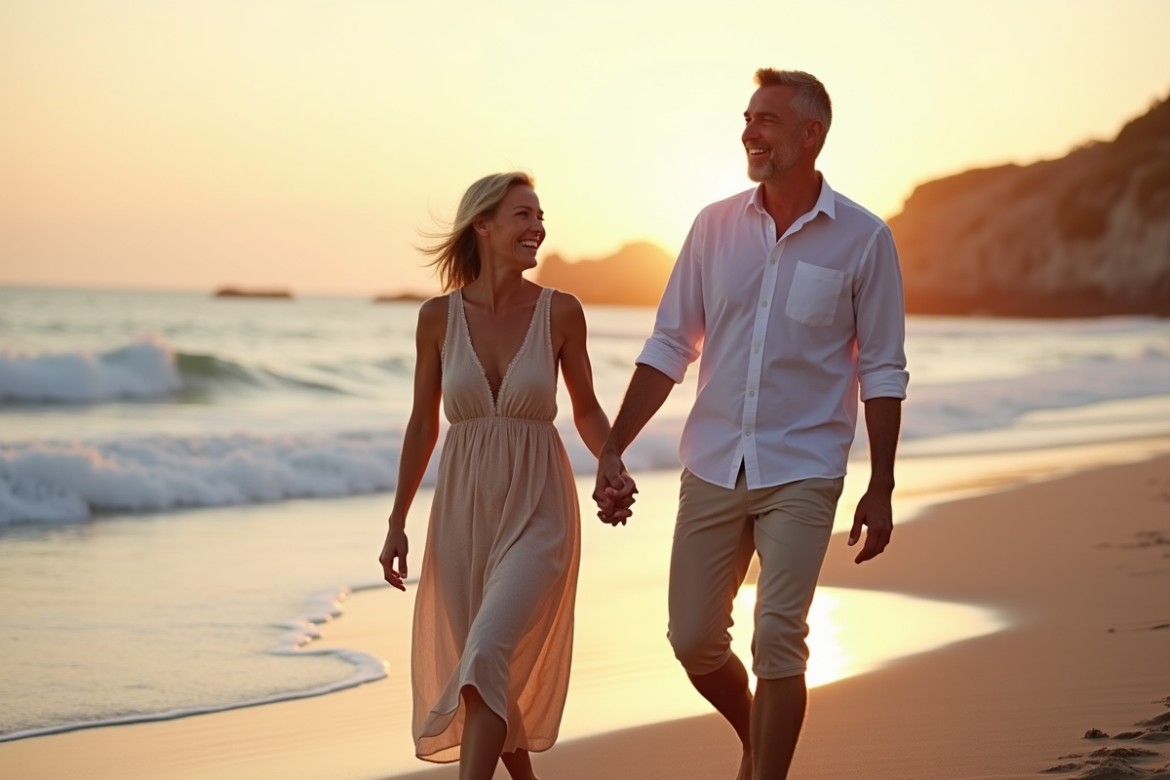 Couple main dans la main sur la plage au coucher de soleil