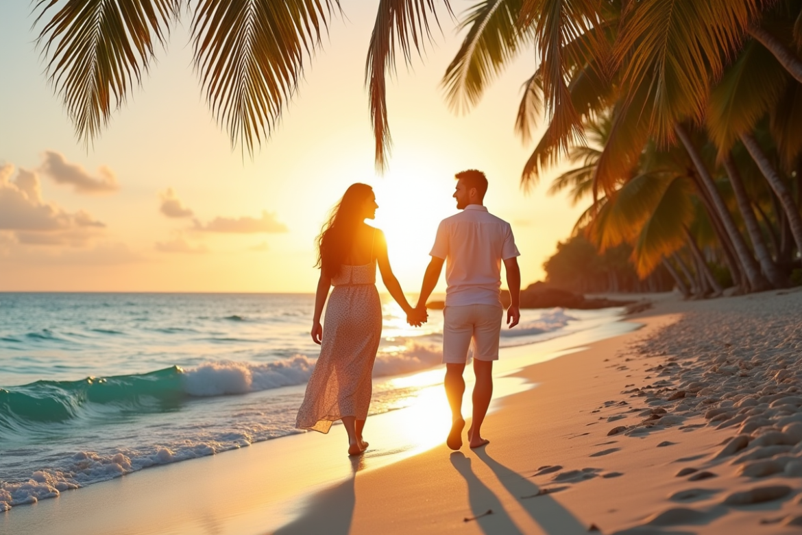 Couple main dans la main sur une plage au coucher de soleil