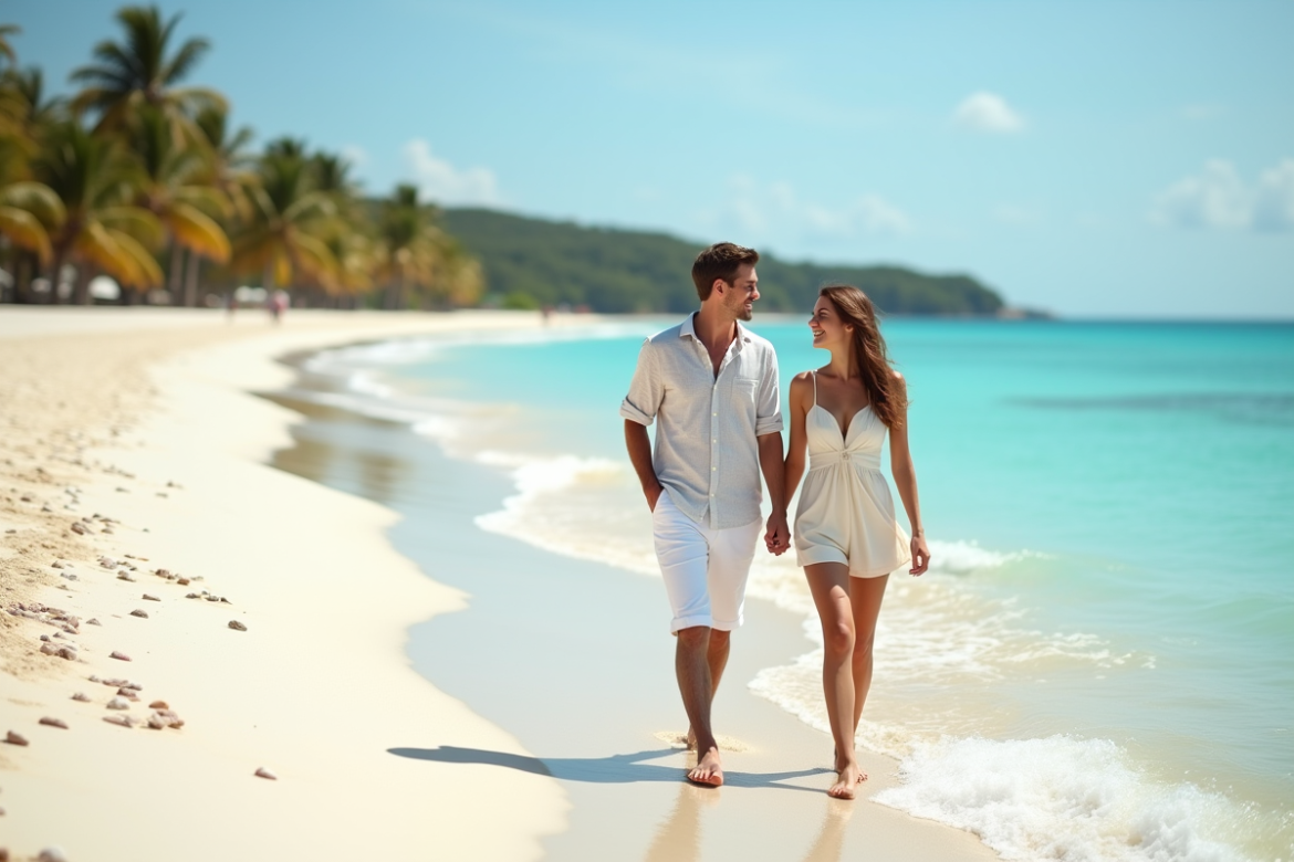 Jeune couple main dans la main sur plage turquoise