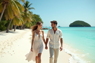 Jeune couple souriant sur la plage de sable blanc