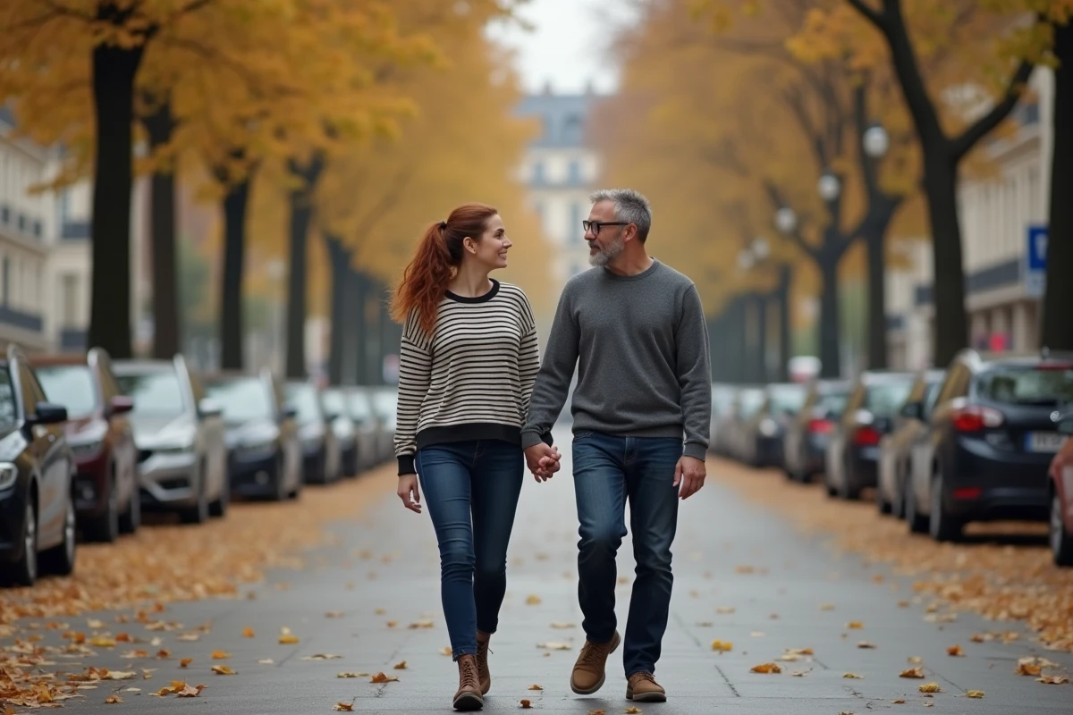 Couple se promenant sur un boulevard parisien en automne dans une atmosphère détendue