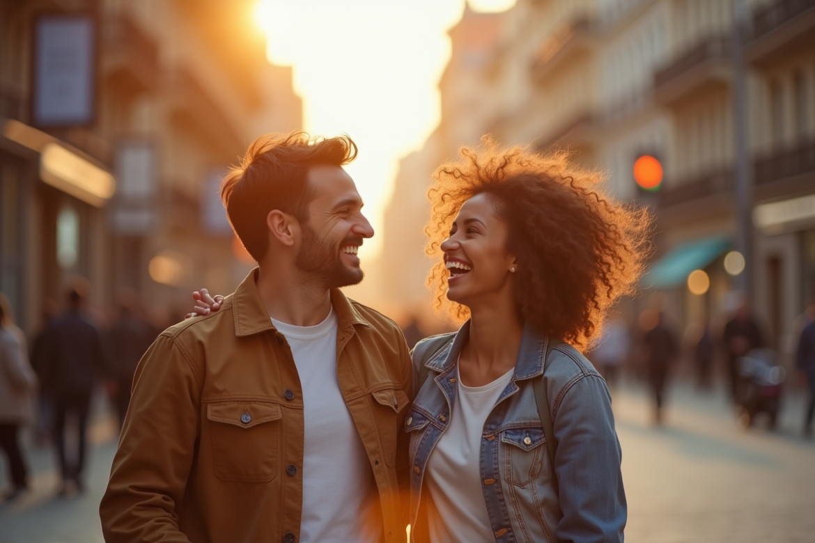 Jeune couple souriant dans la rue ensoleillée