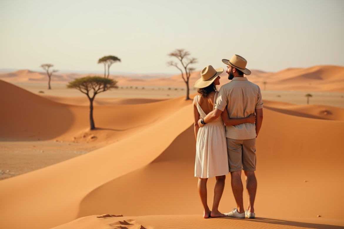 Jeune couple souriant dans le désert namibien