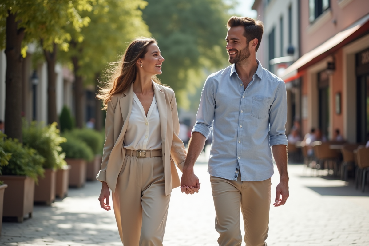 Couple moderne se promenant dans une place urbaine animée