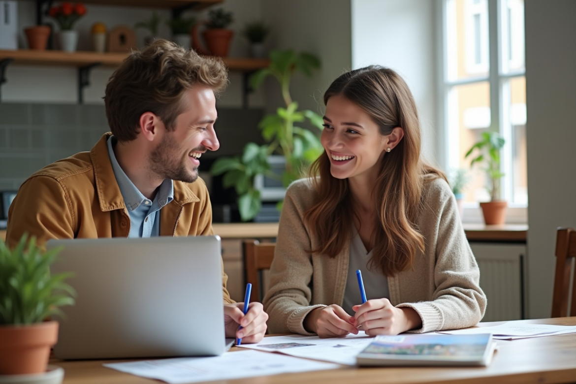 Jeune couple discutant de voyage à la maison