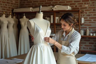 Couturière épinglant une robe de mariée blanche sur un mannequin dans un atelier de couture artisanal