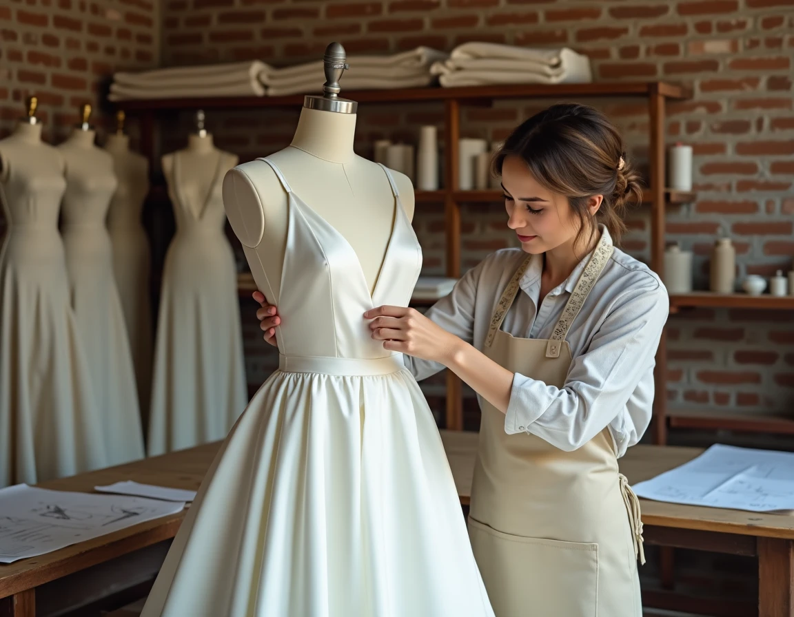 Couturière épinglant une robe de mariée blanche sur un mannequin dans un atelier de couture artisanal