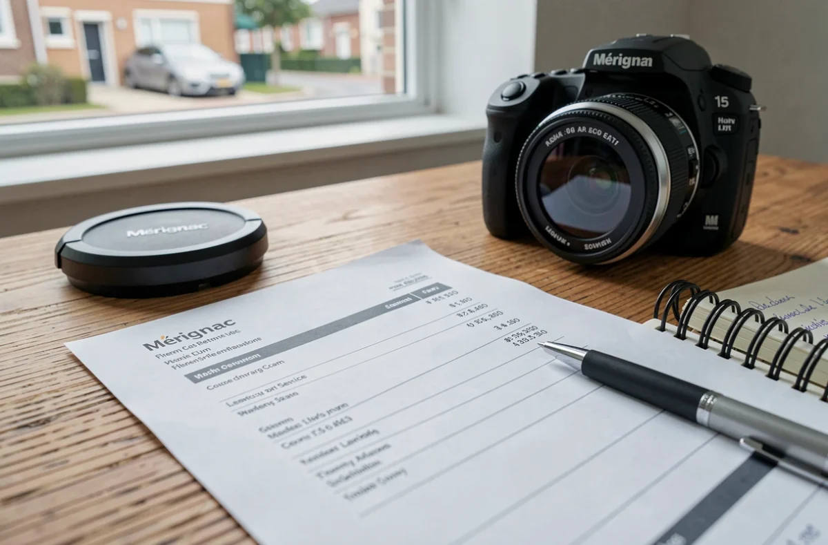 Devis et tarifs d'un photographe professionnel posés sur un bureau avec appareil photo à Mérignac