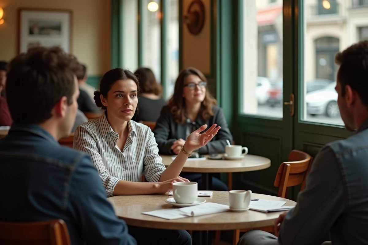 Discussion citoyenne dans un café parisien autour d'une table, évoquant l'engagement associatif et la vie privée militante